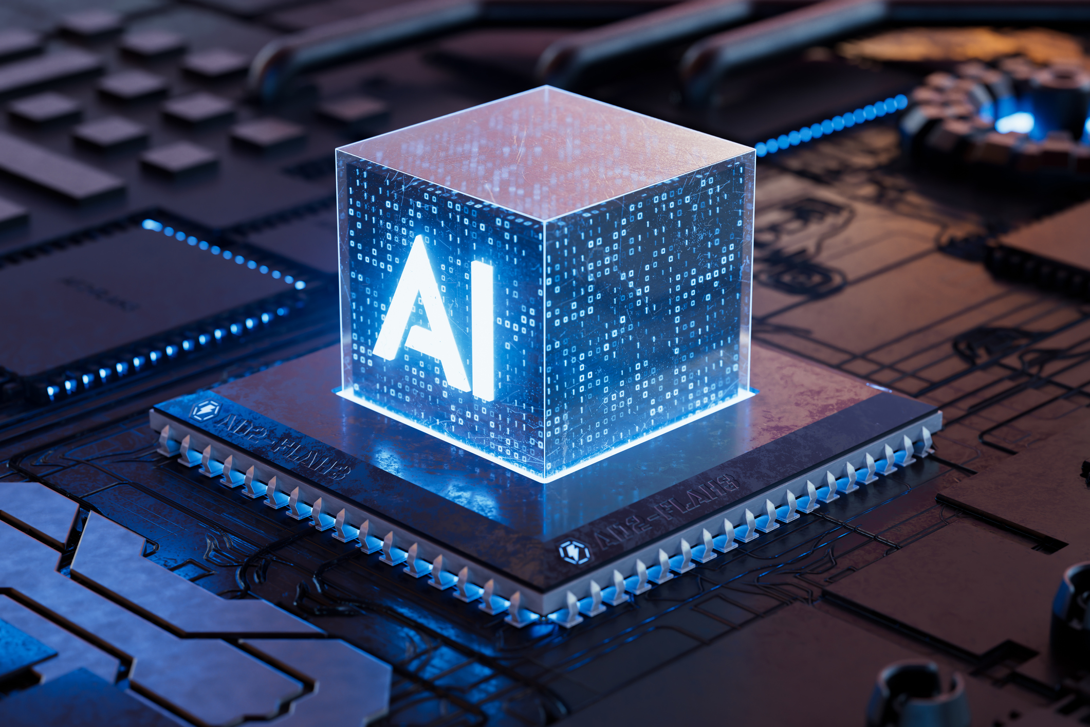 High Tech AI Computer Chip with Futuristic Circuit Board Design 3D Illustration