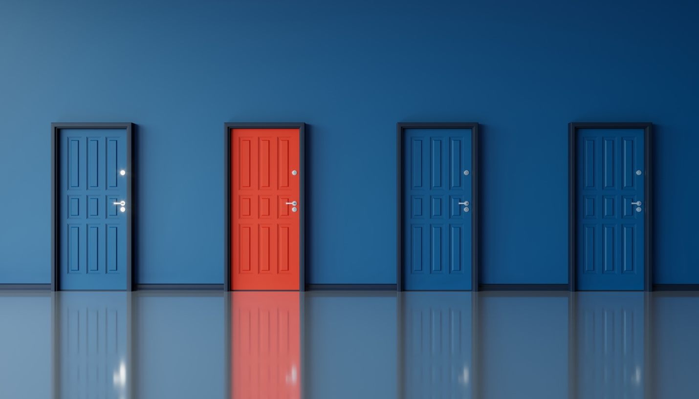 One red door with three blue doors highlighted that is illustrative of illustrative of the title Choosing the Right CLM for GovCon More Than Checking Boxes